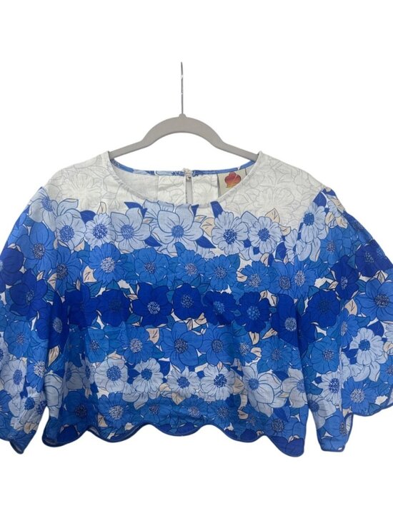 FARM Rio Tops - Farm Rio Women Top Sz L Blue/White Flower Stripes Crop Top Linen Floral Boho NWT